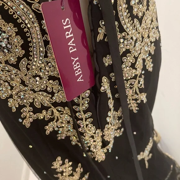 NWT Abby Paris by Lucci Lu Tulle Black & Gold Formal Beaded mermaid Gown Sz 16